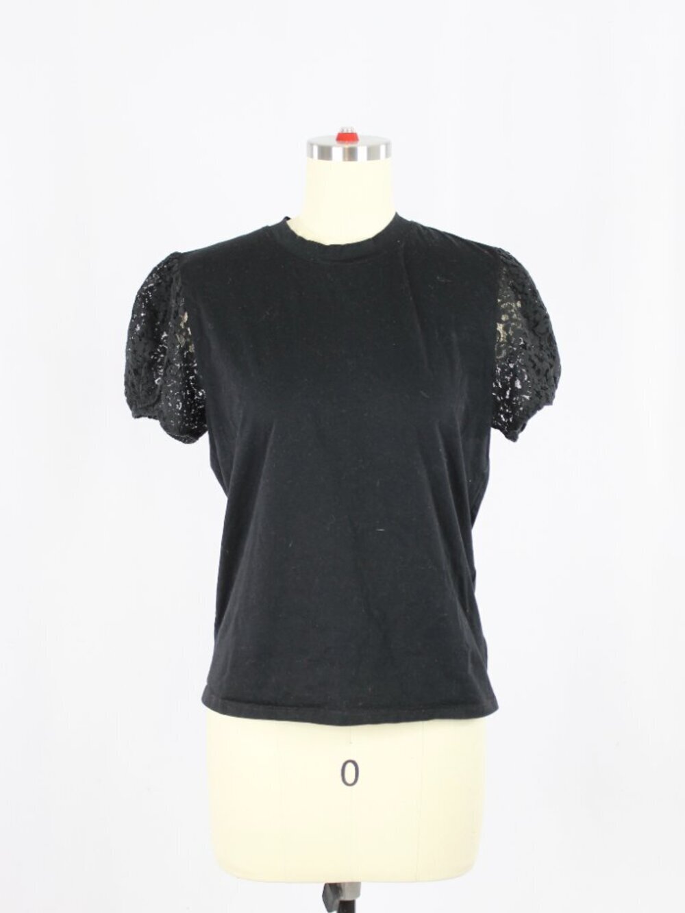 THE KOOPLES Black Cotton Jersey Lace Puff Sleeve Crew Neck T-Shirt Top, Size 1/S
